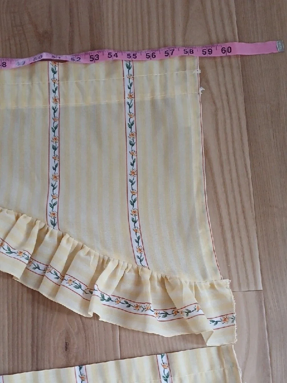 Pair Vintage Yellow Floral Stripe Window Valance Curtains Ruffled Hem